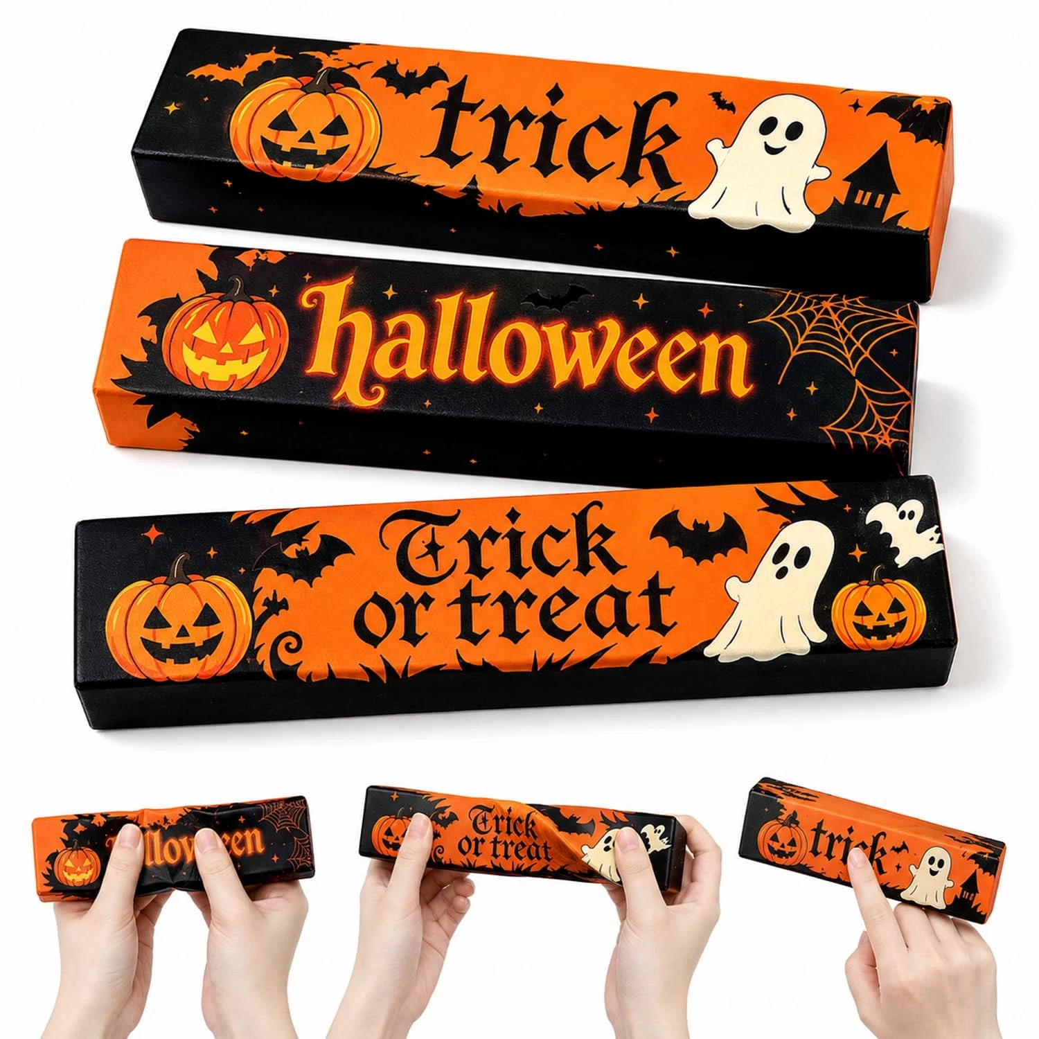 Set Efymosce di tre Butter Squishy con fantasmi, zucche e disegni Halloween